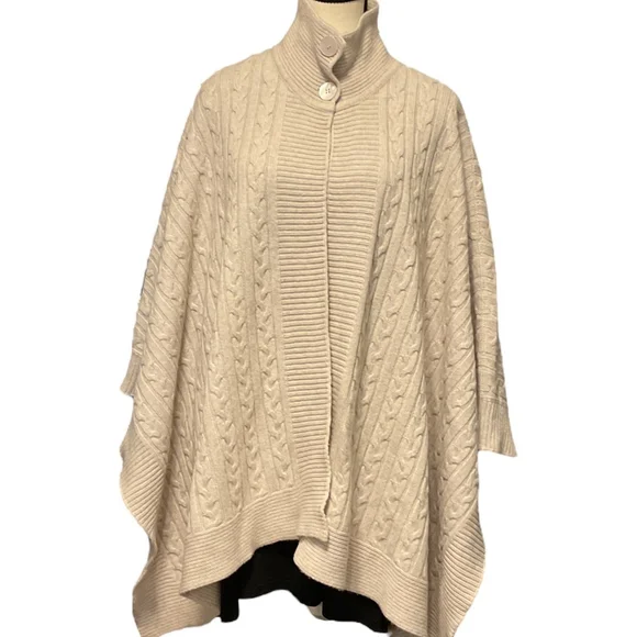 MARINA RINALDI, Beige cashmere/wool blend cableknit wrap Poncho O/S - Picture 6 of 12